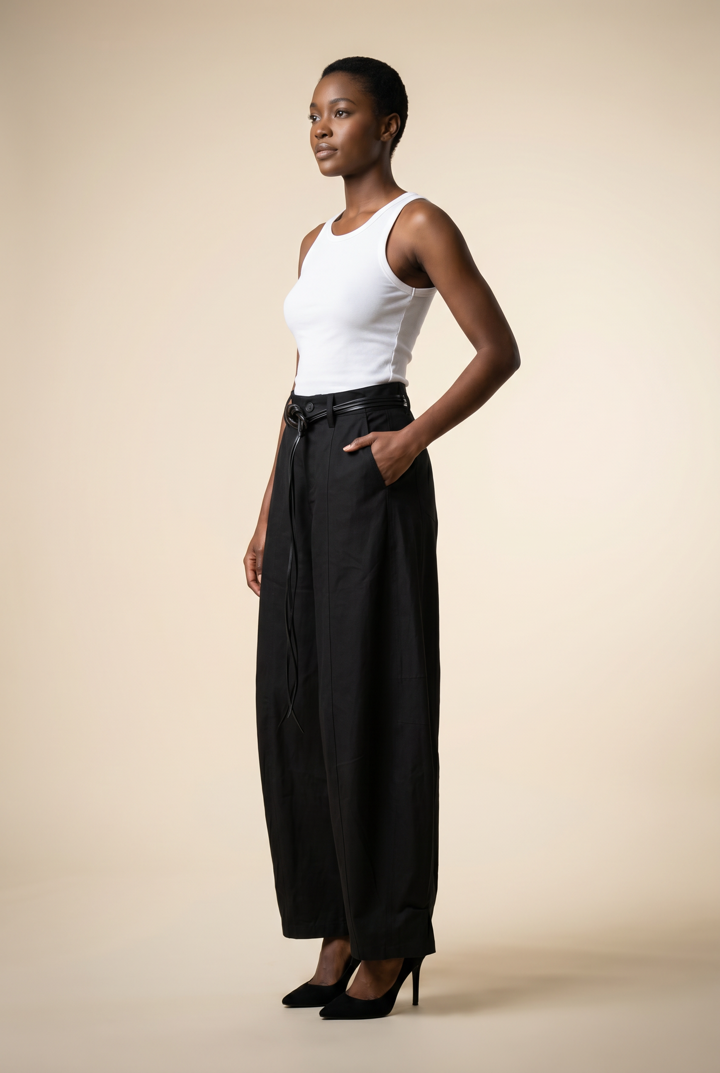 Belted Front-Seam Wide-Leg Trousers
