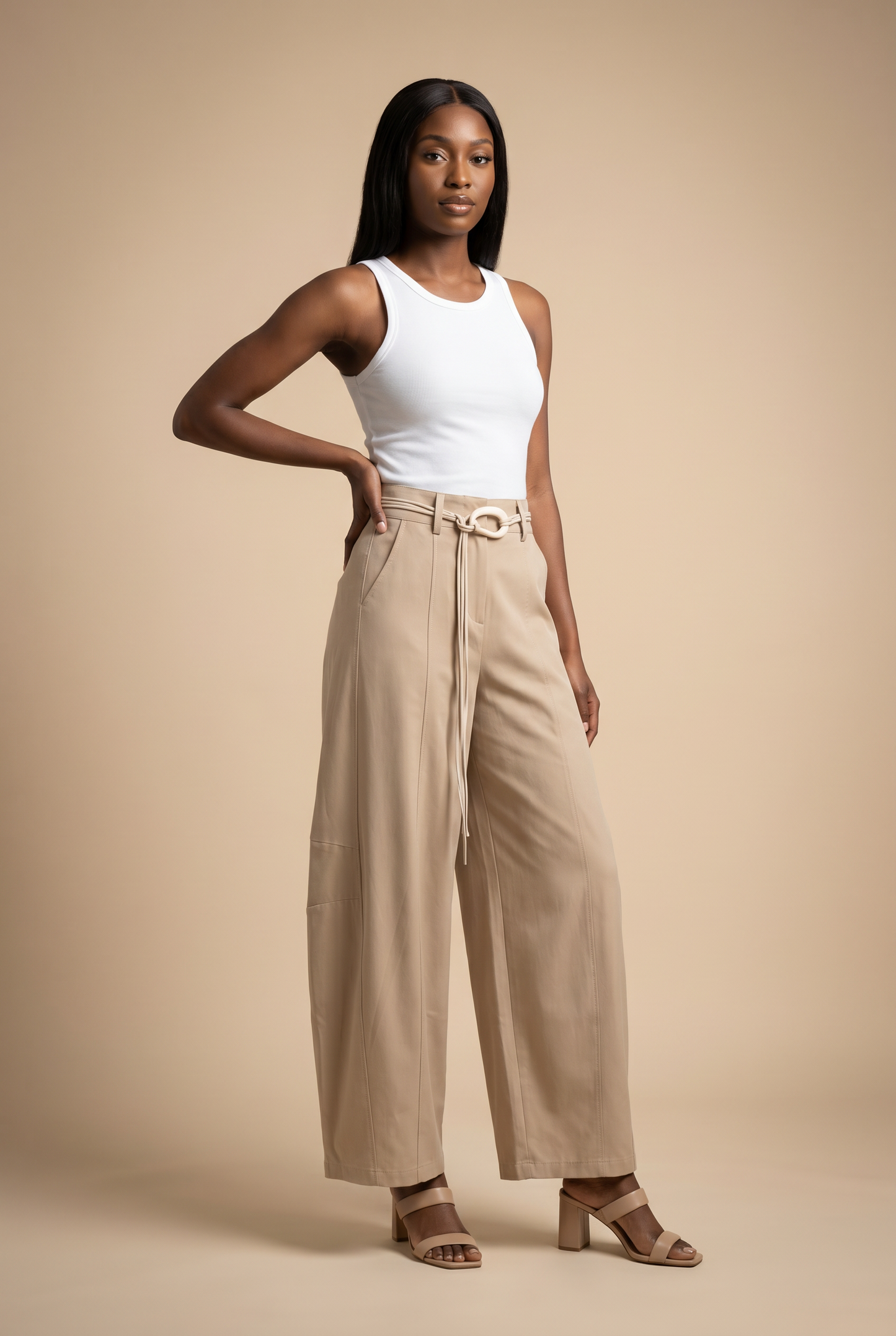 Belted Front-Seam Wide-Leg Trousers