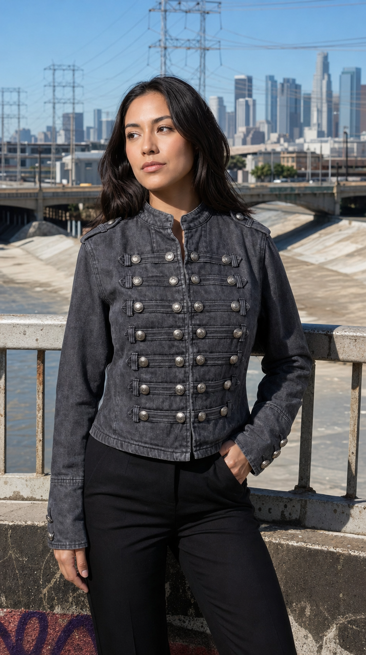 Vintage-Wash Military Denim Jacket