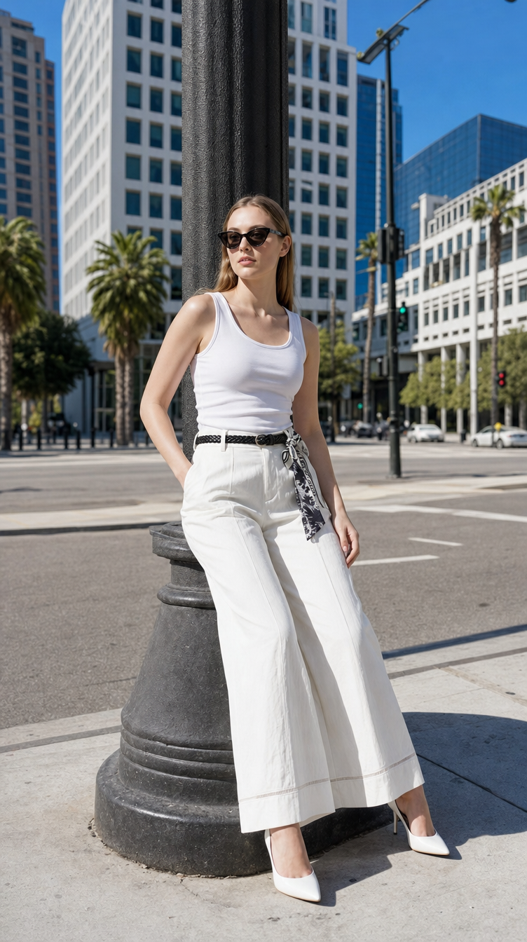 Belted Pleated Wide-Leg Trousers