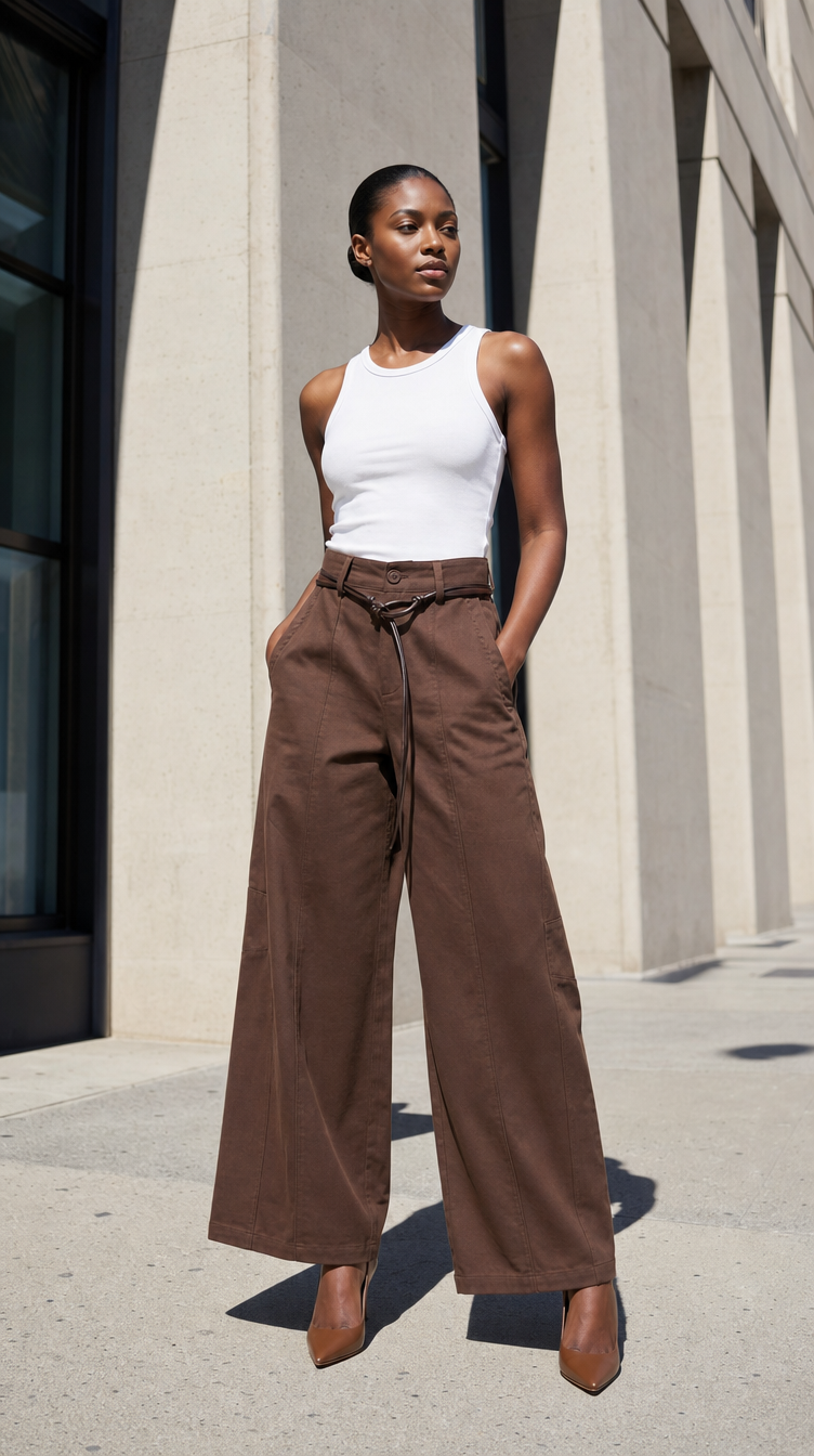 Belted Front-Seam Wide-Leg Trousers