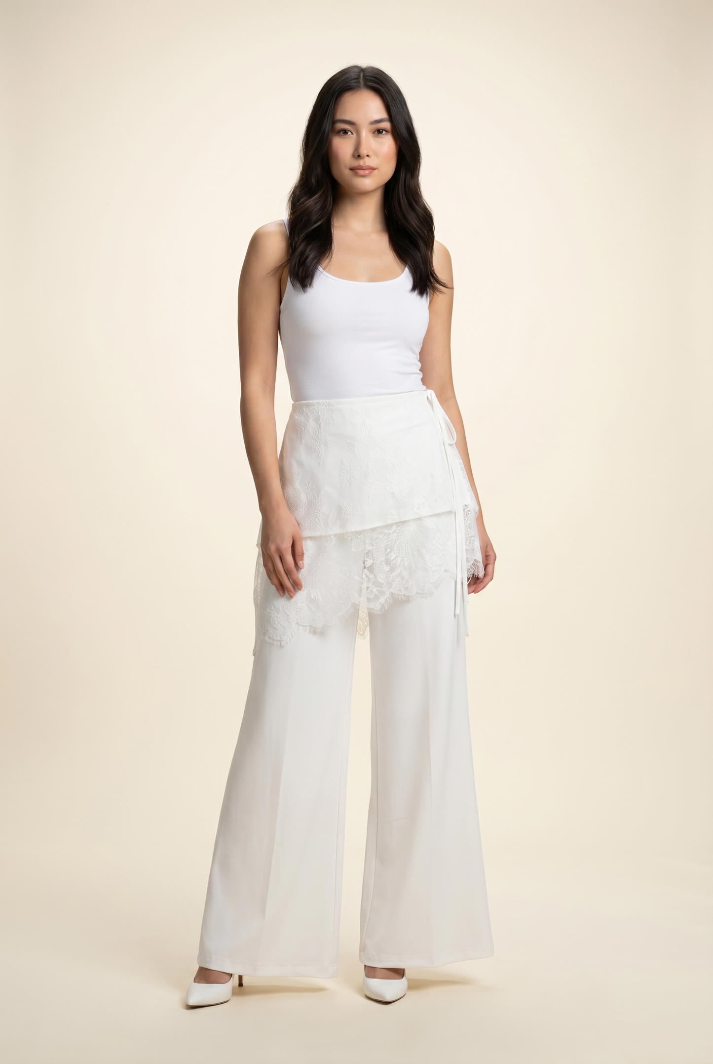 Lace-Overlay Wide-Leg Trousers