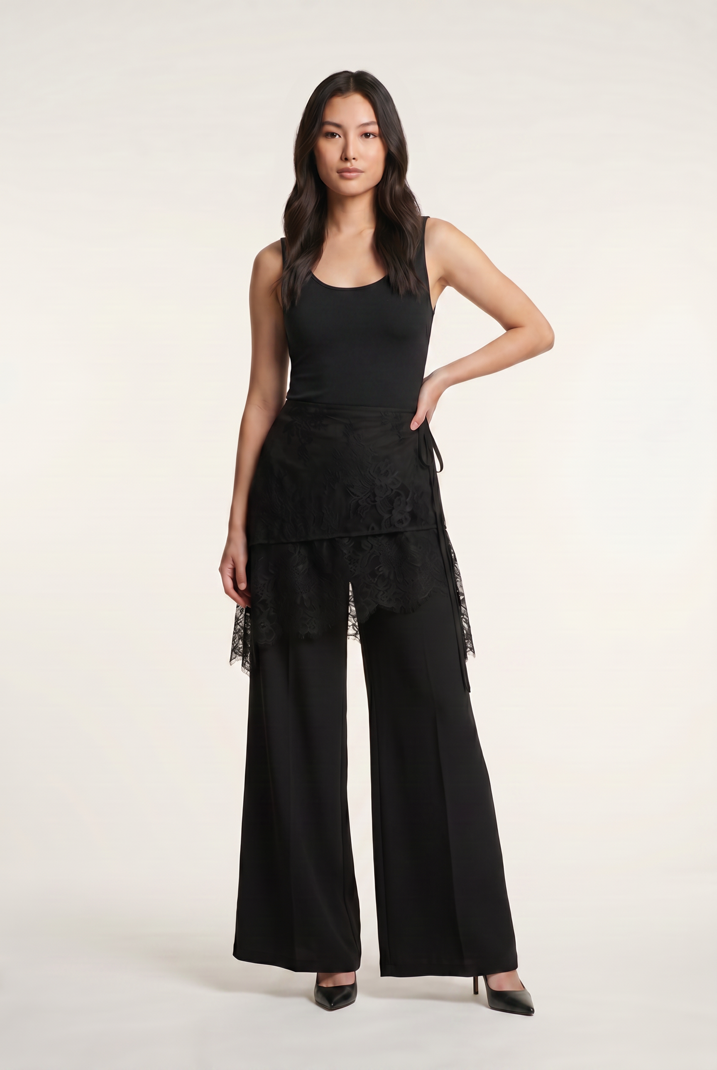 Lace-Overlay Wide-Leg Trousers