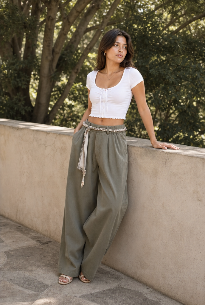 Belted Boho Wide-Leg Utility Trousers