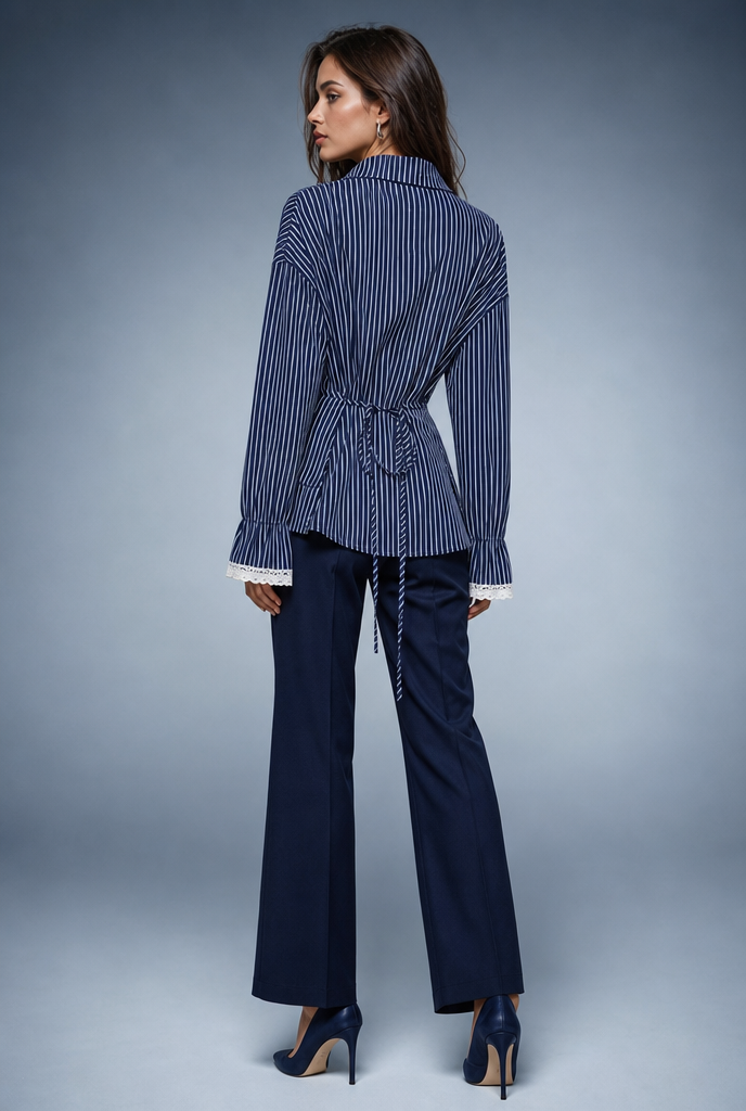 Lace-Trim Pinstripe Peplum Blouse