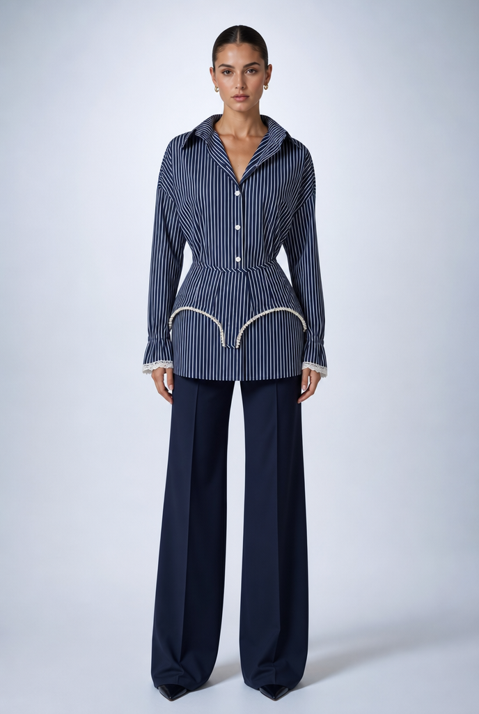 Lace-Trim Pinstripe Peplum Blouse