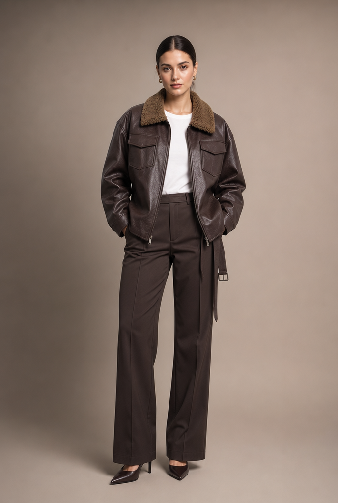 Oversized Sherpa-Collar Artificial Leather Jacket