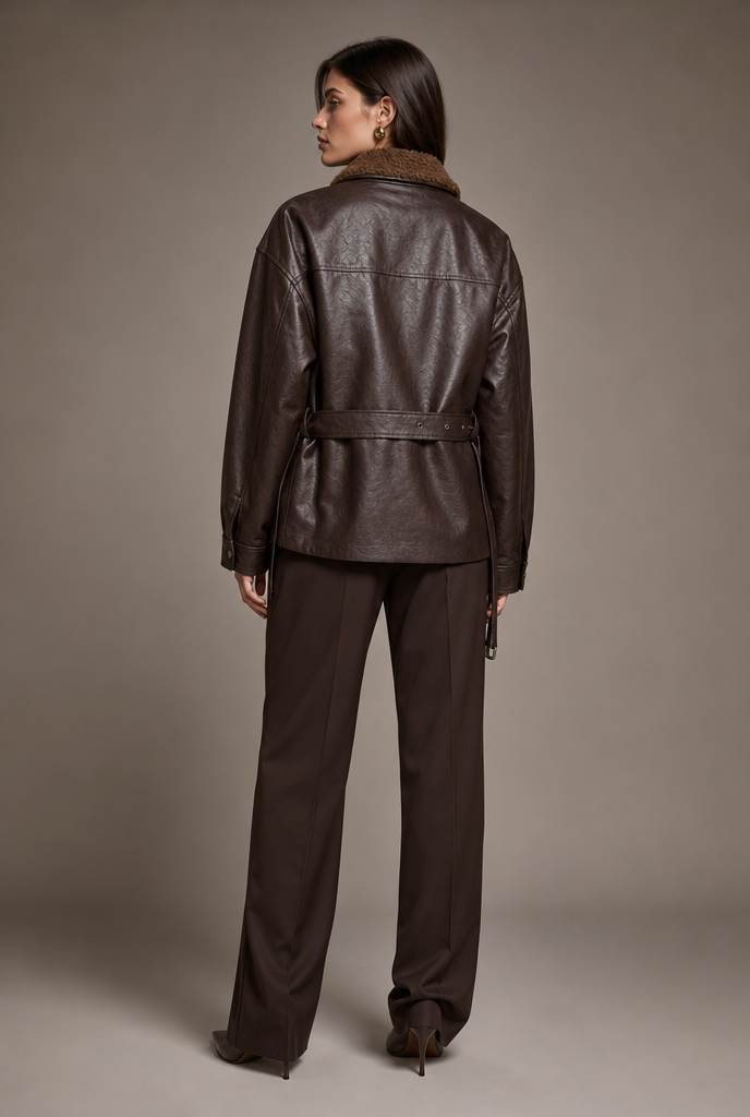 Oversized Sherpa-Collar Artificial Leather Jacket