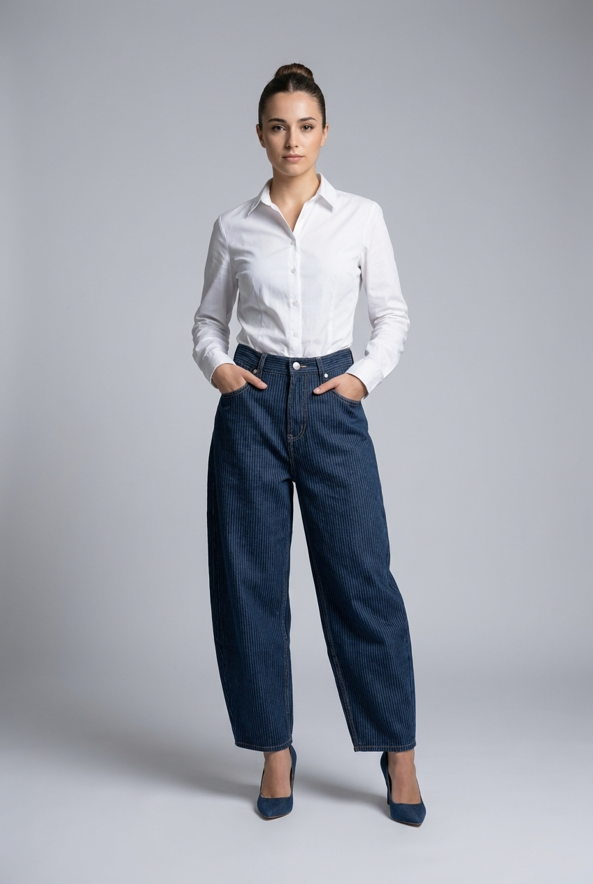 Pinstripe Barrel-Leg Denim Jeans