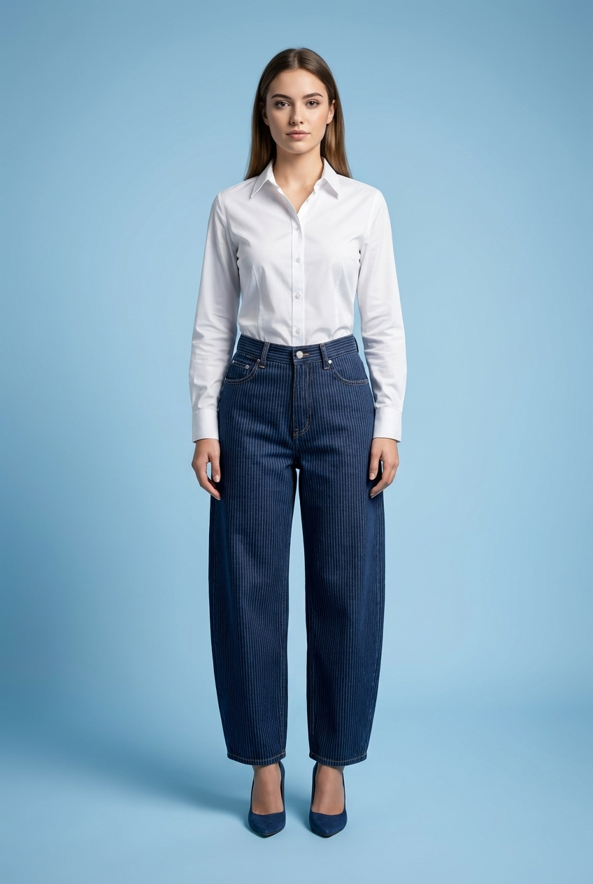 Pinstripe Barrel-Leg Denim Jeans