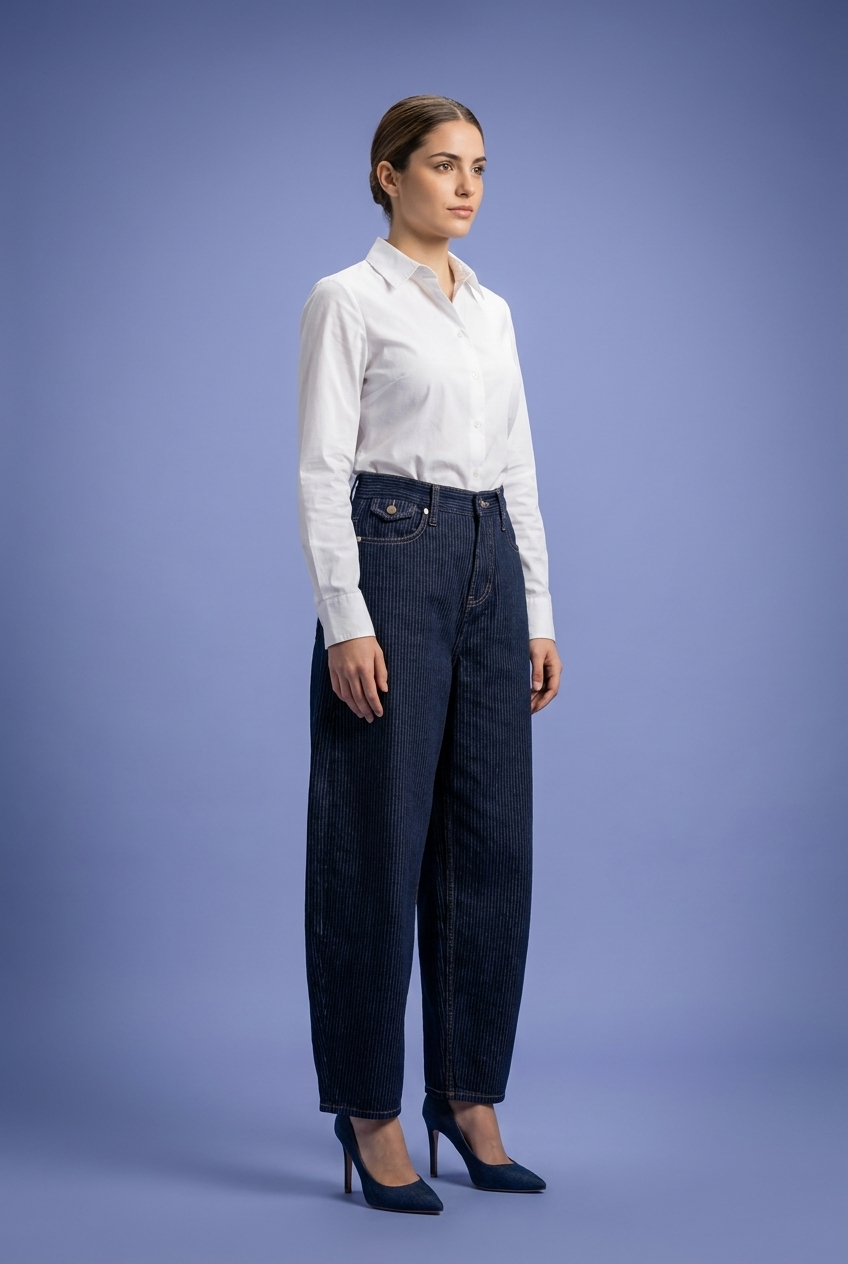 Pinstripe Barrel-Leg Denim Jeans