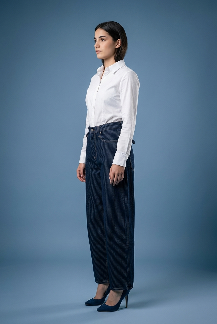 Pinstripe Barrel-Leg Denim Jeans