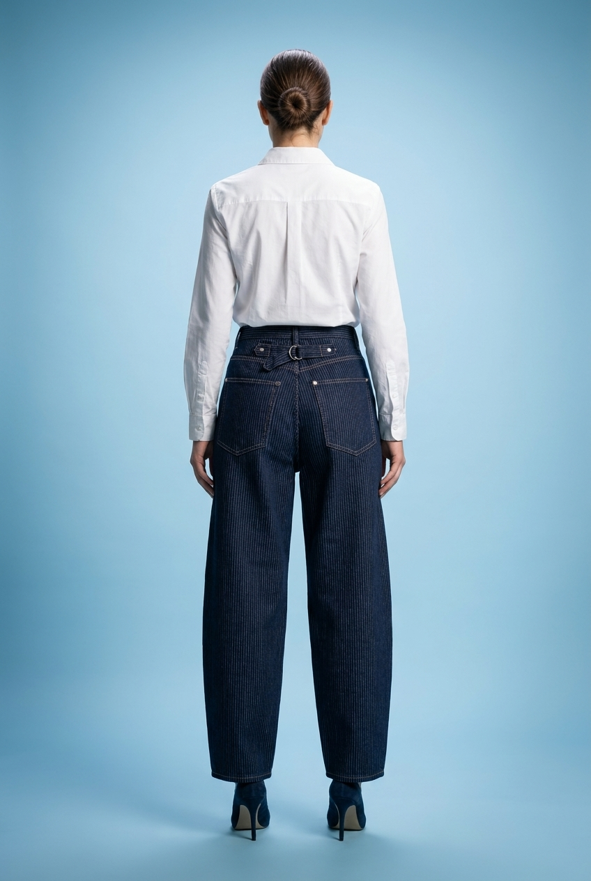 Pinstripe Barrel-Leg Denim Jeans