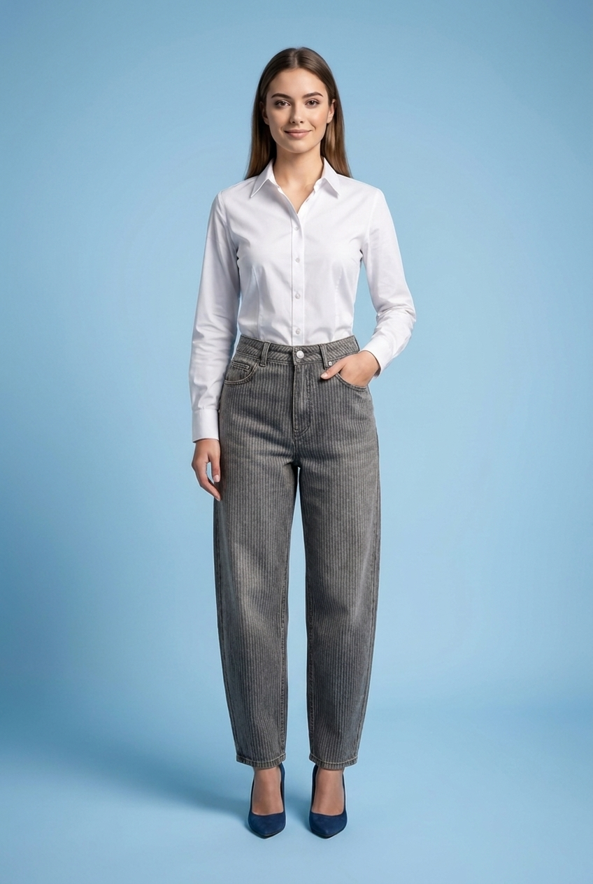 Pinstripe Barrel-Leg Denim Jeans