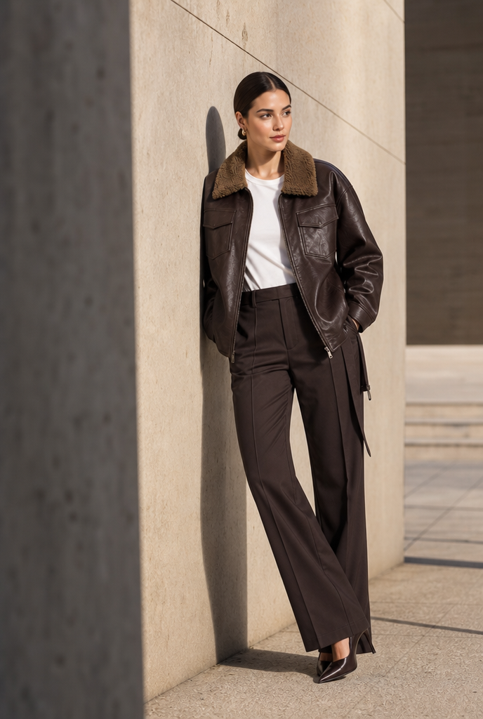 Oversized Sherpa-Collar Artificial Leather Jacket