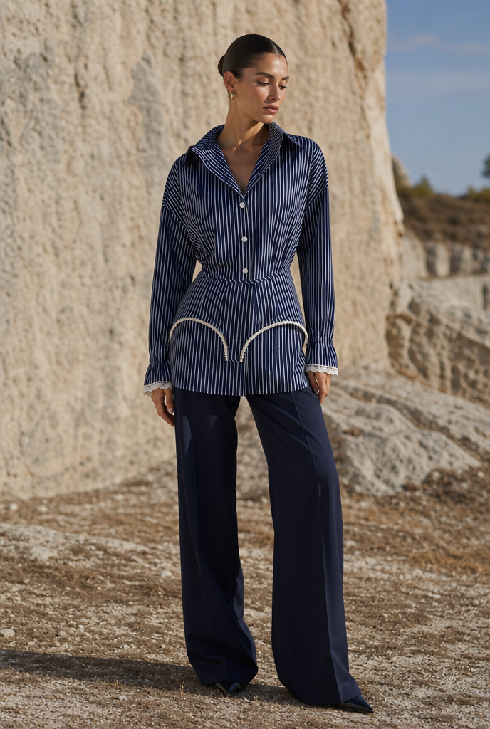 Lace-Trim Pinstripe Peplum Blouse