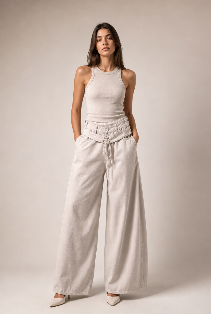 Lace-Up Fold-Over Wide-Leg Trousers