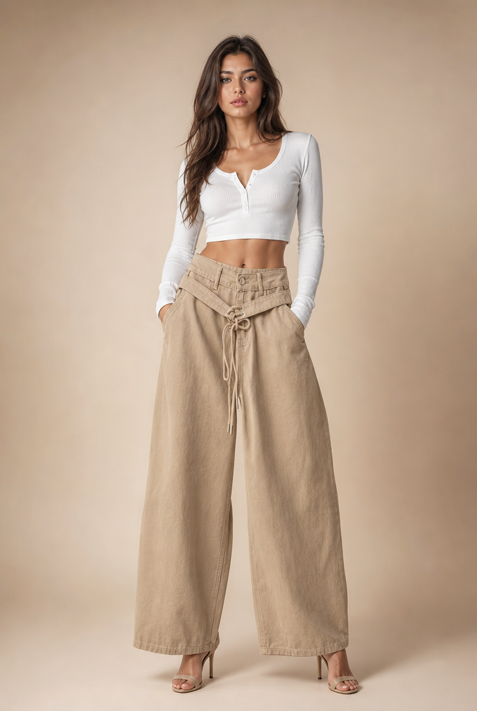 Lace-Up Fold-Over Wide-Leg Trousers
