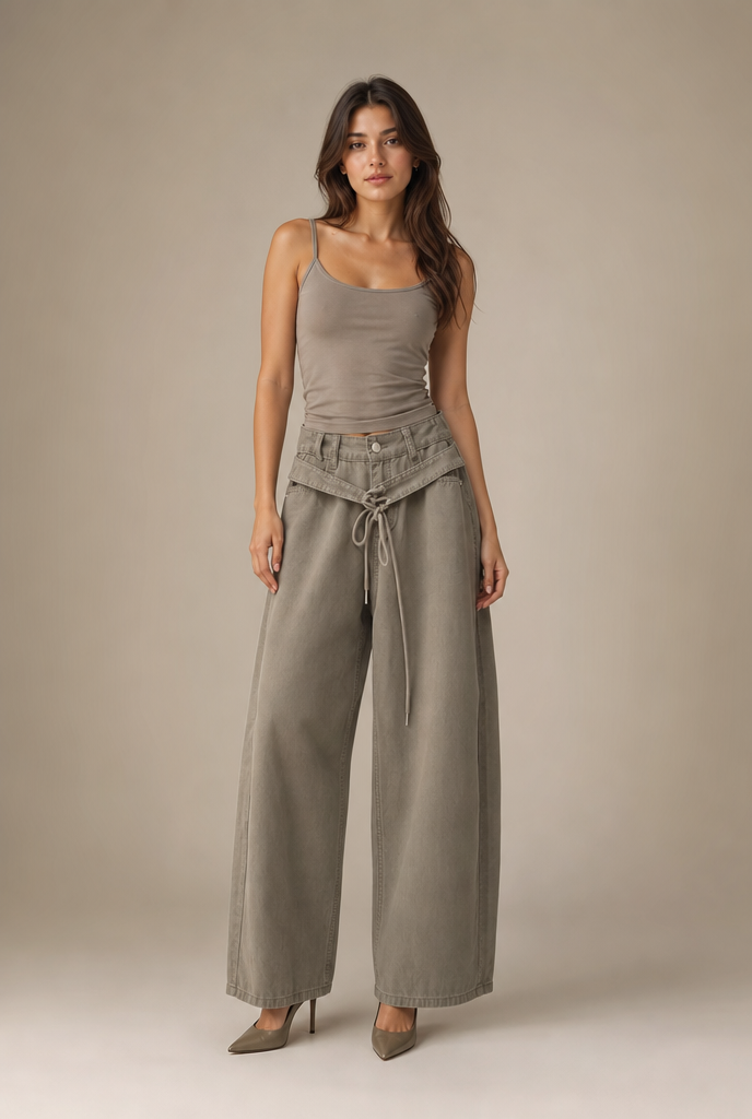 Lace-Up Fold-Over Wide-Leg Trousers
