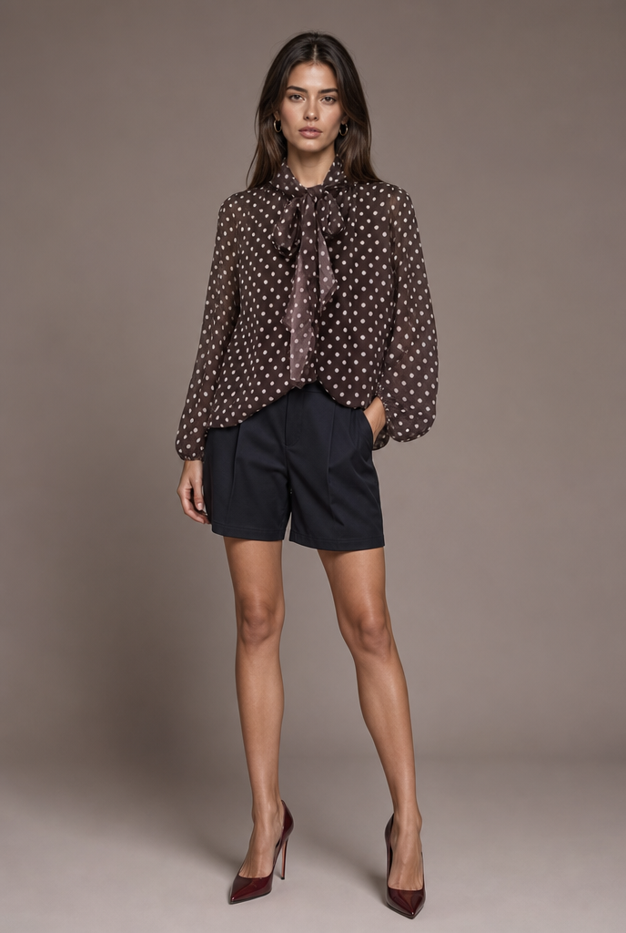 Polka Dot Tie-Neck Chiffon Blouse