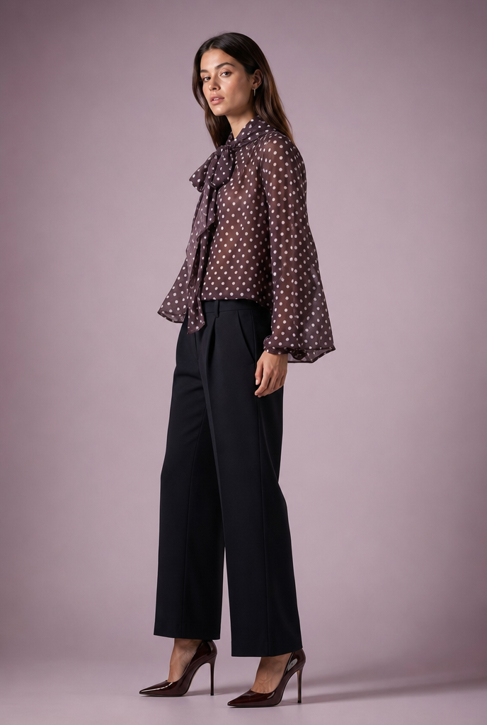 Polka Dot Tie-Neck Chiffon Blouse