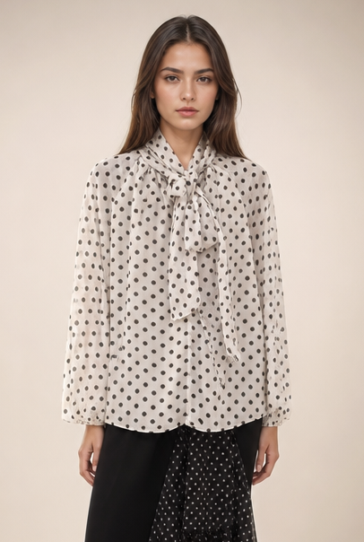 Polka Dot Tie-Neck Chiffon Blouse