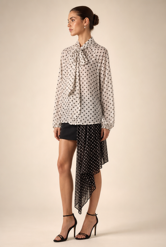 Polka Dot Tie-Neck Chiffon Blouse
