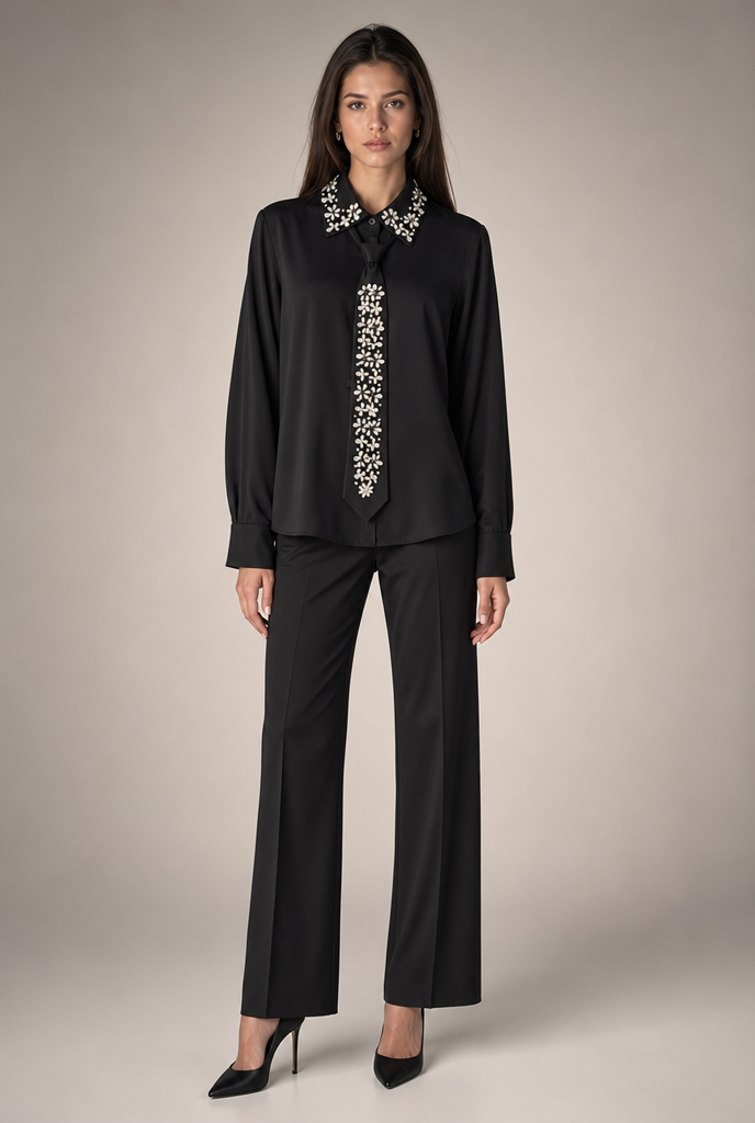 Embellished Collar Satin Blouse with Tie