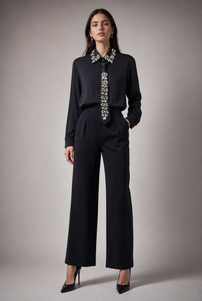 Embellished Collar Satin Blouse with Tie