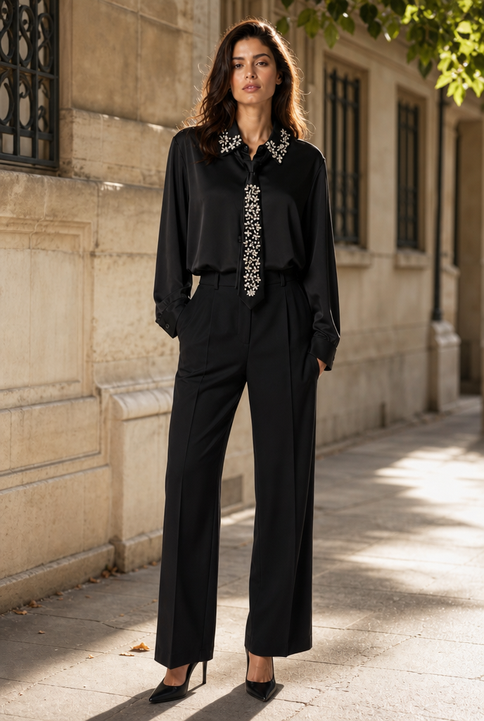 Embellished Collar Satin Blouse with Tie