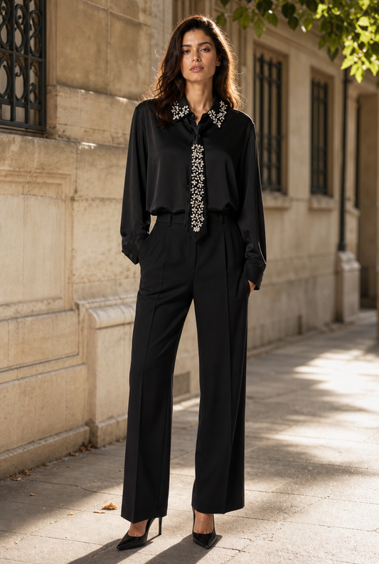 Embellished Collar Satin Blouse with Tie