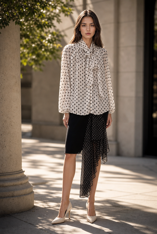 Polka Dot Tie-Neck Chiffon Blouse