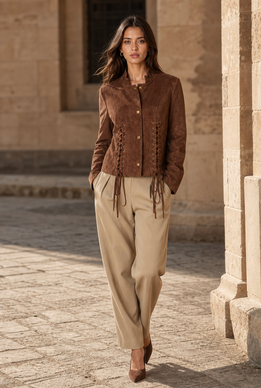 Lace-Up Detail Suede Jacket