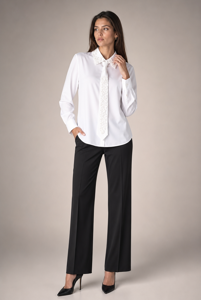 Embellished Collar Satin Blouse with Tie