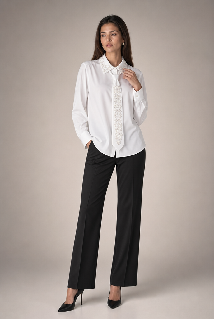 Embellished Collar Satin Blouse with Tie