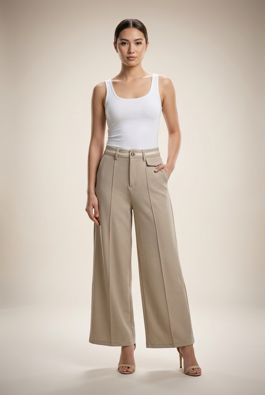 Contrast Waistband Wide-Leg Trousers