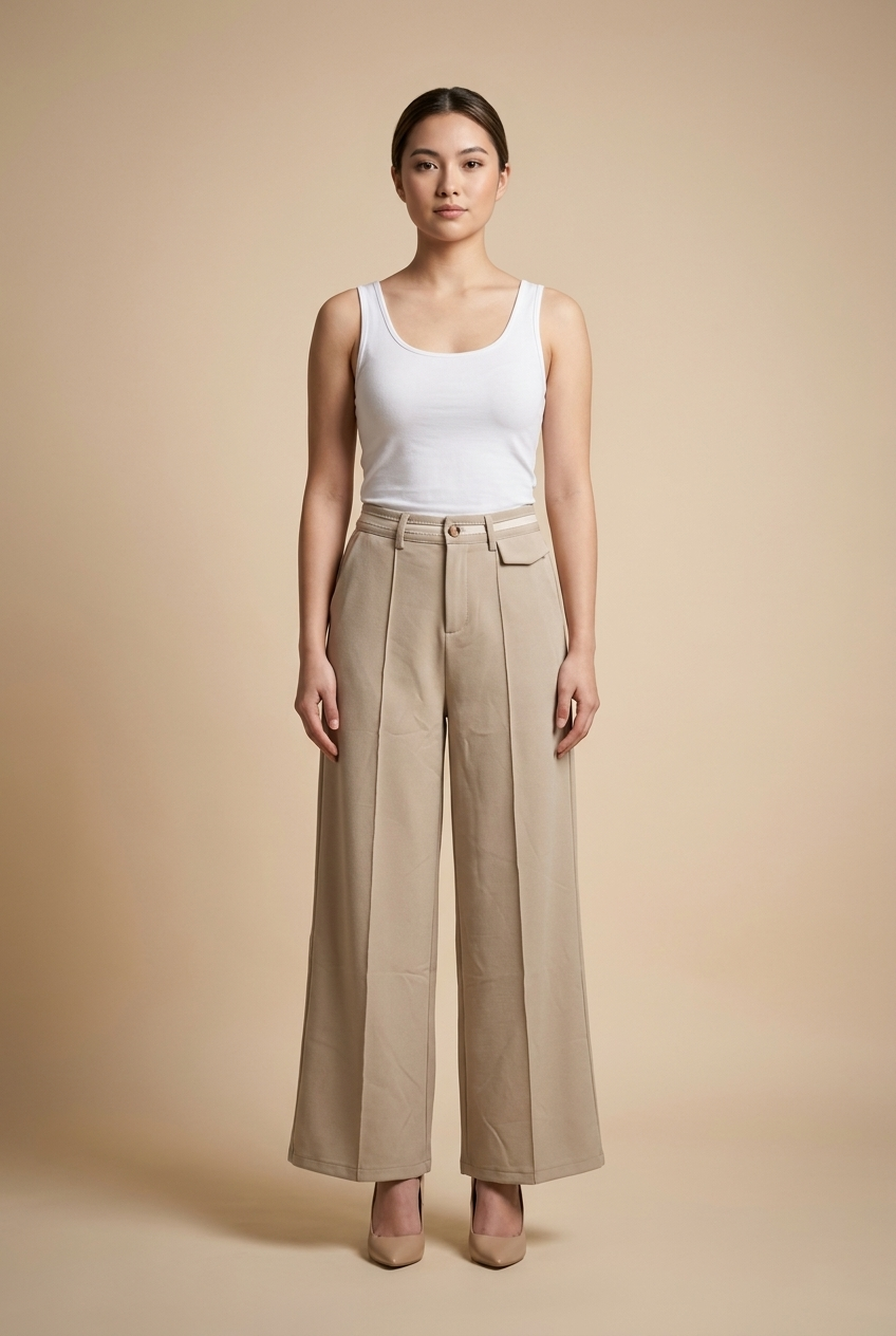 Contrast Waistband Wide-Leg Trousers