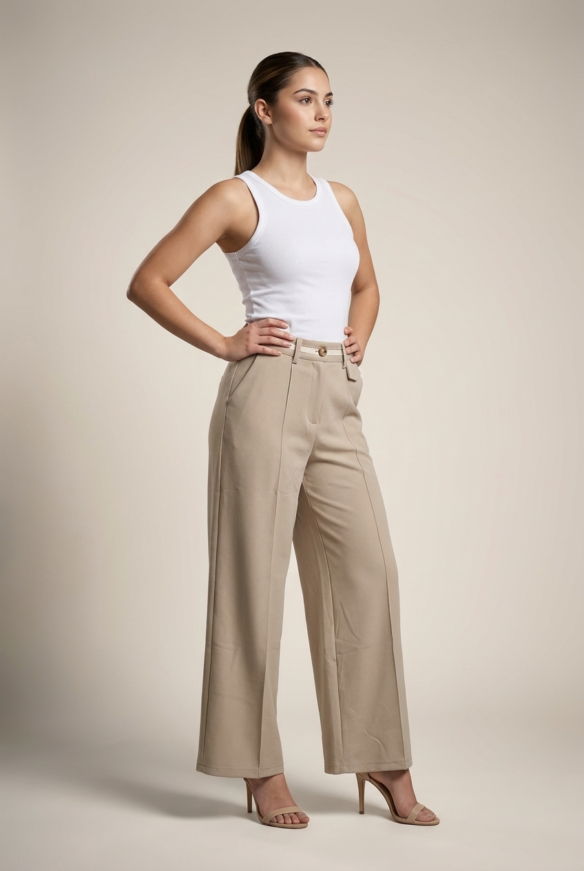 Contrast Waistband Wide-Leg Trousers
