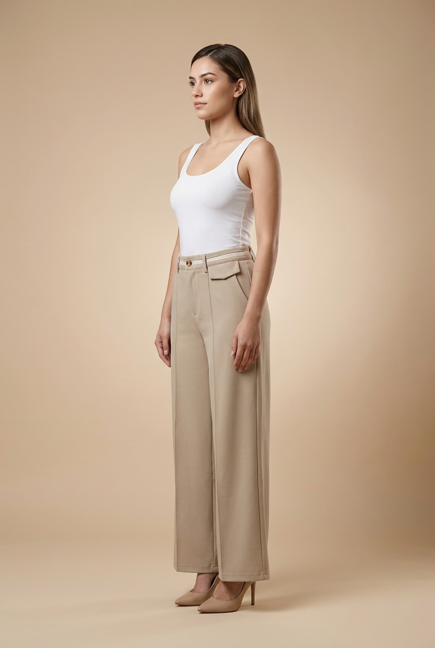 Contrast Waistband Wide-Leg Trousers