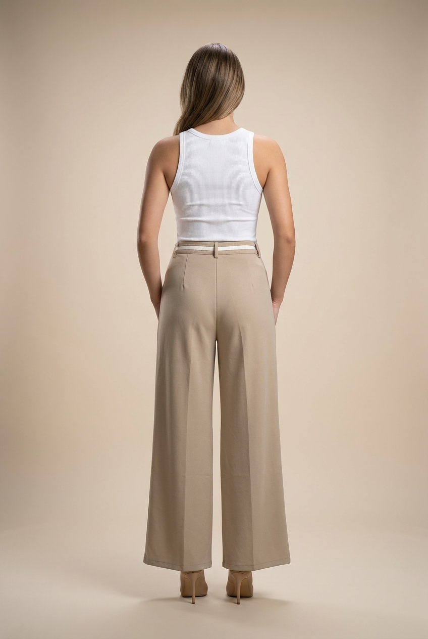 Contrast Waistband Wide-Leg Trousers