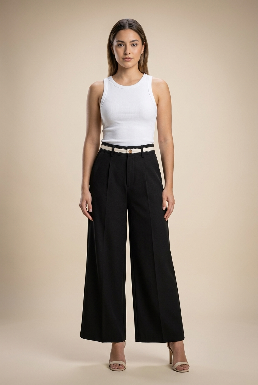 Contrast Waistband Wide-Leg Trousers
