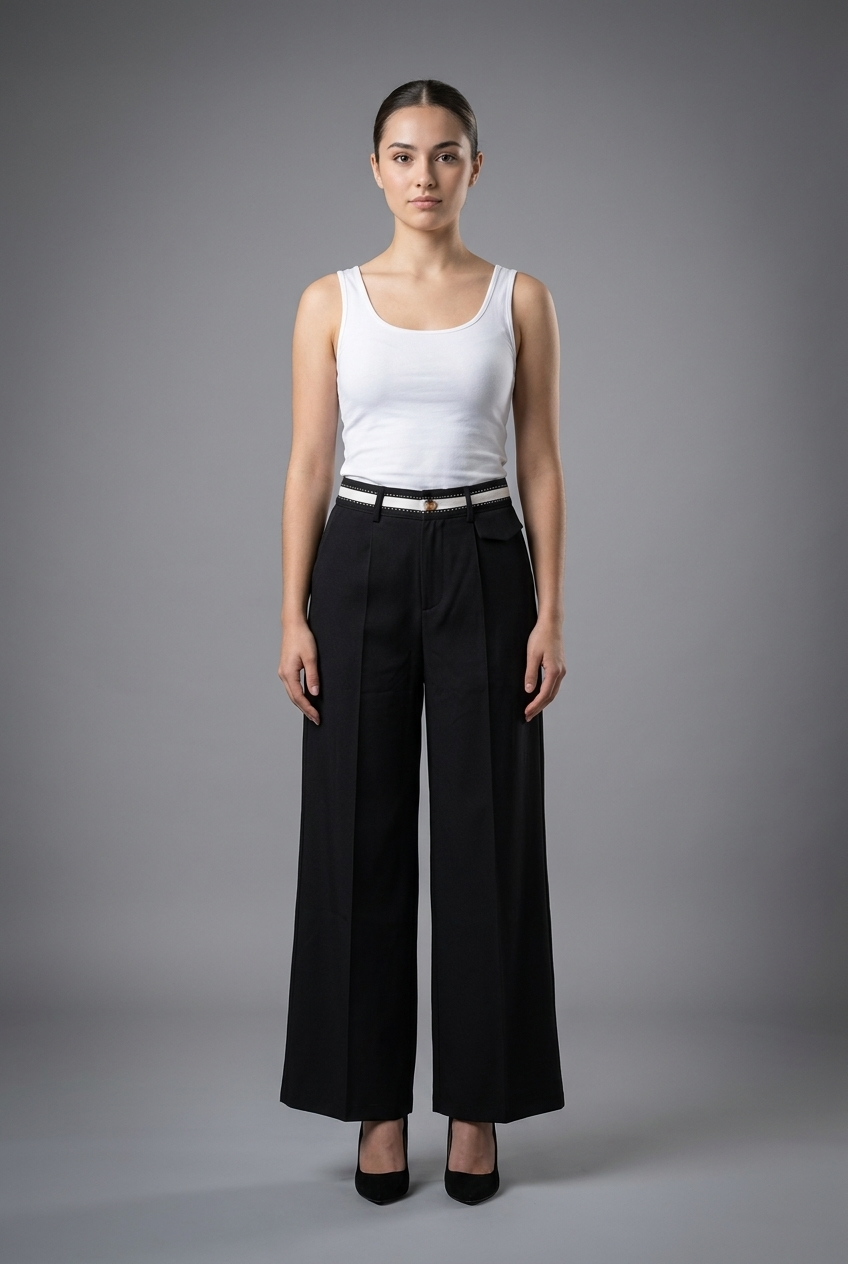 Contrast Waistband Wide-Leg Trousers