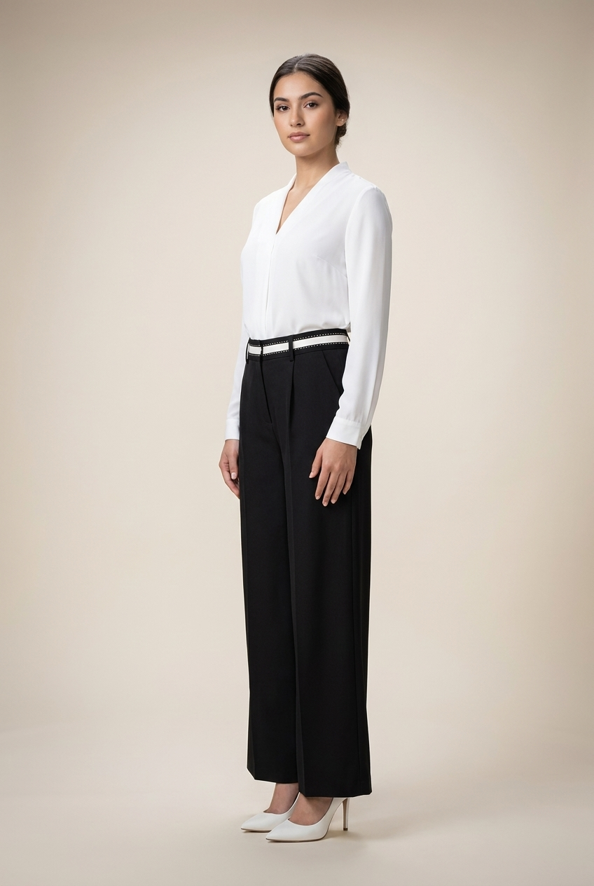 Contrast Waistband Wide-Leg Trousers