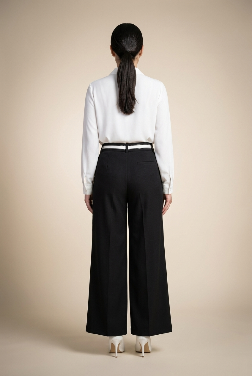 Contrast Waistband Wide-Leg Trousers