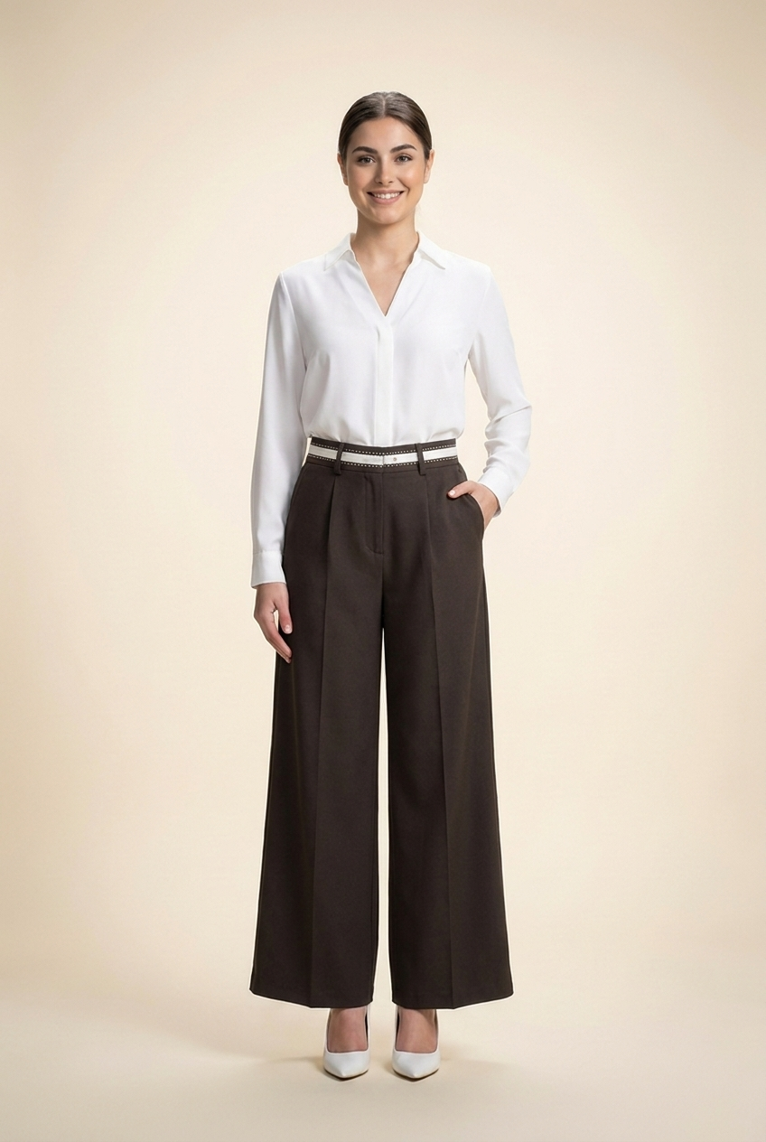 Contrast Waistband Wide-Leg Trousers