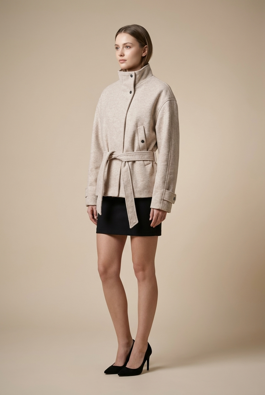 Belted Funnel Neck Jacket