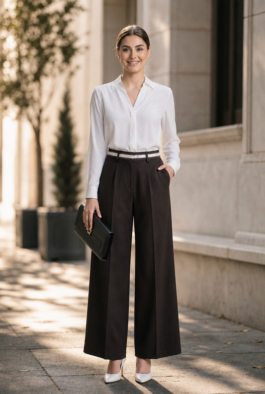 Contrast Waistband Wide-Leg Trousers