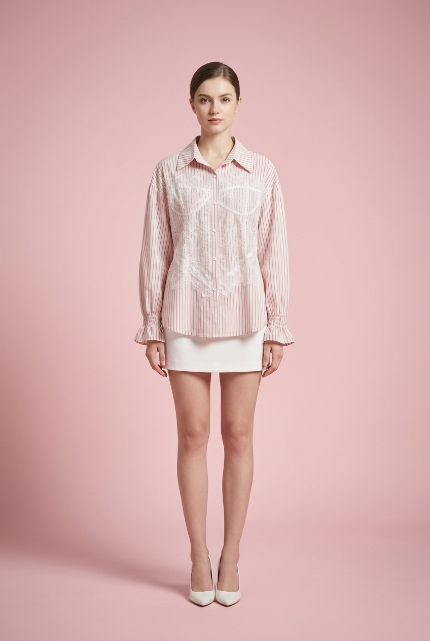 Smocked Cuff Frayed Detail Striped Shirt