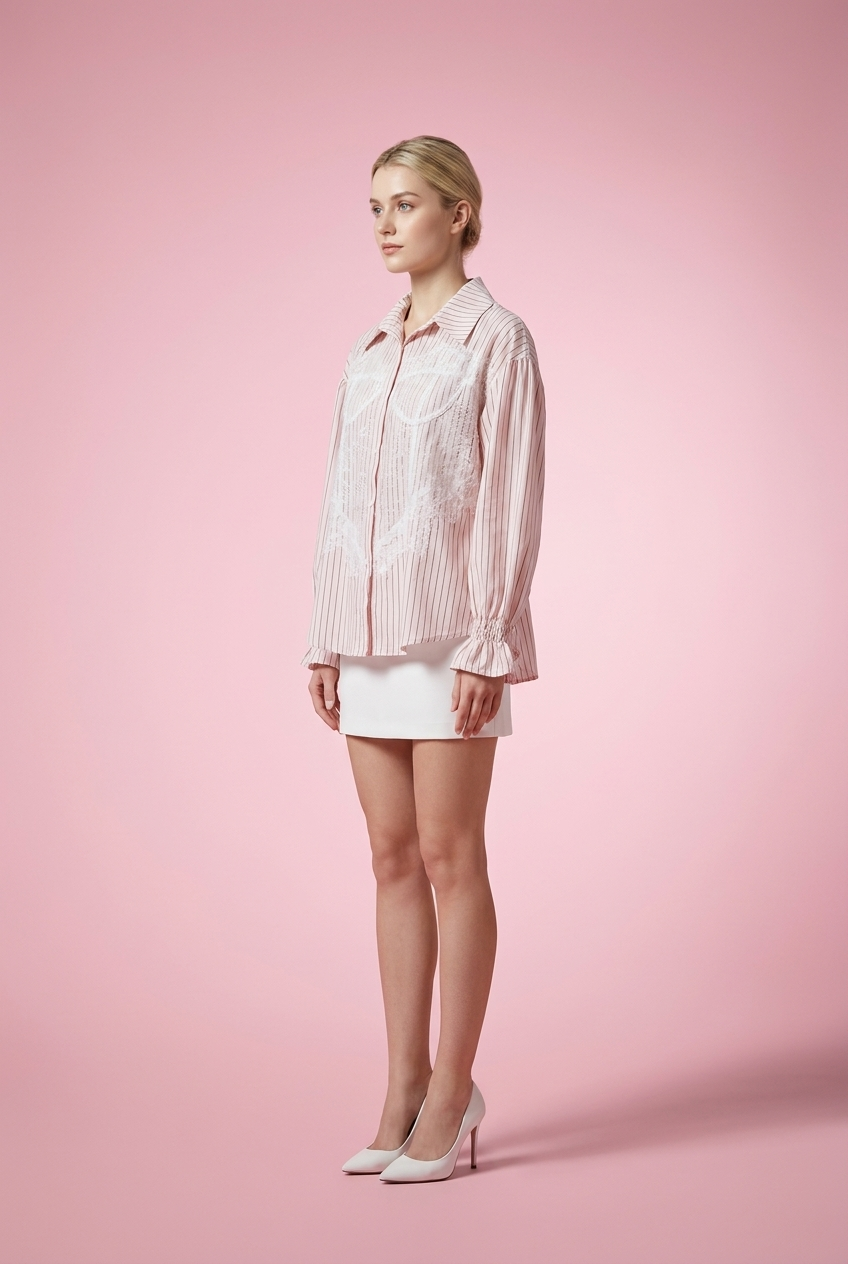 Smocked Cuff Frayed Detail Striped Shirt