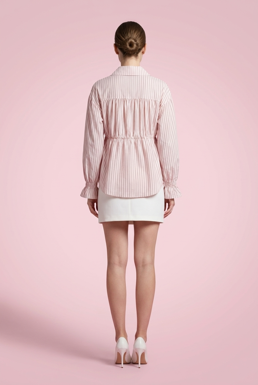Smocked Cuff Frayed Detail Striped Shirt